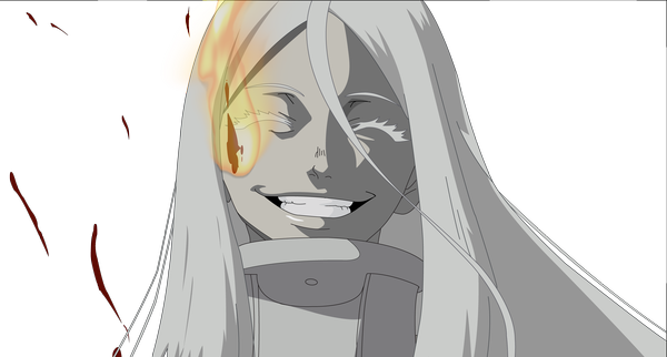 Anime picture 5012x2693 with deadman wonderland shiro (deadman wonderland) single long hair highres smile wide image absurdres white hair eyes closed transparent background ^ ^ vector girl blood fire