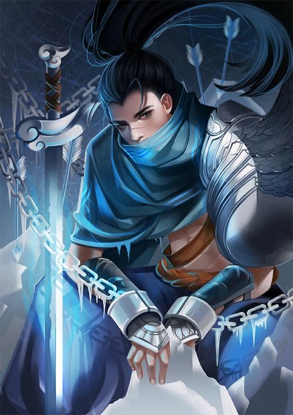 Anime picture 827x1169 with league of legends yasuo (league of legends) long5009 single long hair tall image looking at viewer black hair ponytail black eyes scar boy weapon sword chain arrow (arrows) shackles