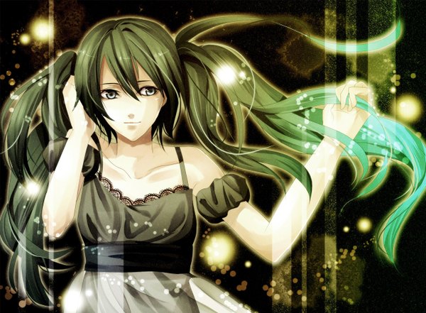 Anime picture 1292x950 with vocaloid hatsune miku long hair blue eyes twintails green hair girl