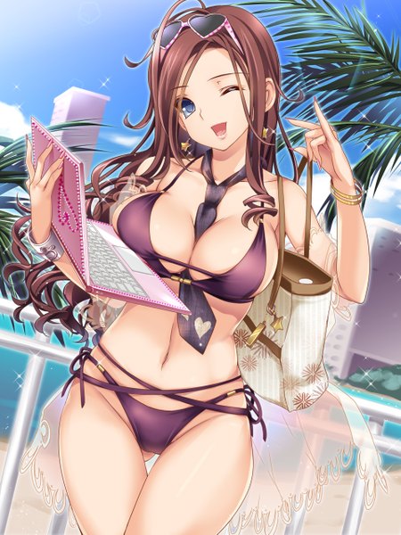 Anime picture 960x1281 with original moneti (daifuku) single long hair tall image looking at viewer breasts open mouth blue eyes light erotic brown hair large breasts one eye closed wink girl navel swimsuit bikini necktie bag