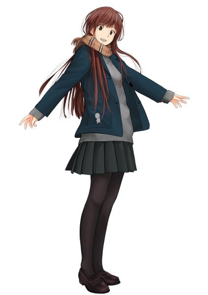 Anime picture 1761x2500 with original hitori (htr t) single long hair tall image looking at viewer fringe highres open mouth simple background brown hair white background brown eyes full body pleated skirt open clothes open jacket spread arms girl skirt