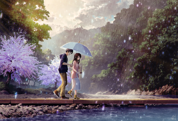 Anime picture 1200x818 with original mocha (cotton) long hair short hair black hair brown hair brown eyes signed sky cloud (clouds) parted lips profile black eyes sunlight cherry blossoms rain sunbeam walking river shared umbrella