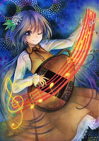 Anime picture 705x1000 with touhou tsukumo benben mosho single long hair tall image looking at viewer smile purple eyes signed purple hair one eye closed hair flower wink traditional media watercolor (medium) treble clef girl hair ornament flower (flowers)