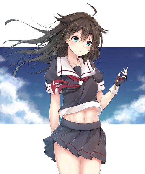 Anime picture 800x955 with kantai collection shigure destroyer ym (distance819) single long hair tall image blush fringe hair between eyes brown hair standing white background looking away sky cloud (clouds) ahoge pleated skirt aqua eyes wind bare belly