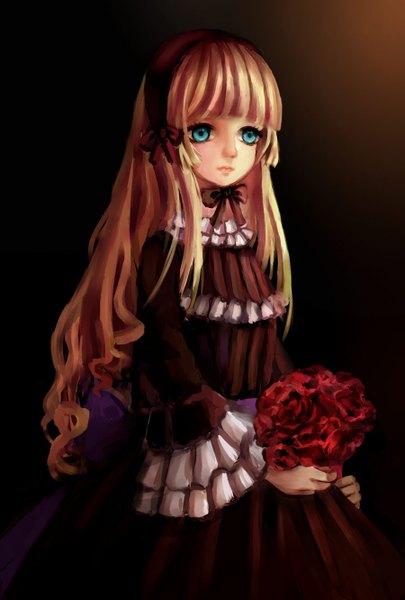 Anime picture 900x1332 with gosick studio bones victorique de blois iceblue long hair tall image fringe blue eyes blonde hair looking away lips dark background lolita fashion girl dress hair ornament flower (flowers) bow
