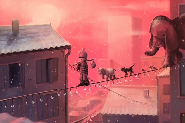 Anime picture 1150x767 with original aquasixio (artist) night snowing winter snow landscape animal bird (birds) cat dog roof elephant marlon lostroot escape