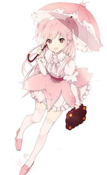 Anime picture 550x896 with cookie run cherry blossom cookie lpip single long hair tall image looking at viewer open mouth simple background white background pink hair full body :d pink eyes from above two side up girl thighhighs skirt detached sleeves