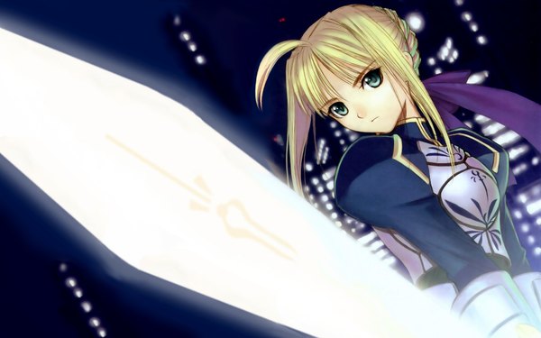 Anime picture 1920x1200 with fate (series) fate/stay night studio deen type-moon artoria pendragon (all) saber tony taka looking at viewer highres short hair blue eyes blonde hair wide image ahoge city lights girl ribbon (ribbons) weapon hair ribbon sword