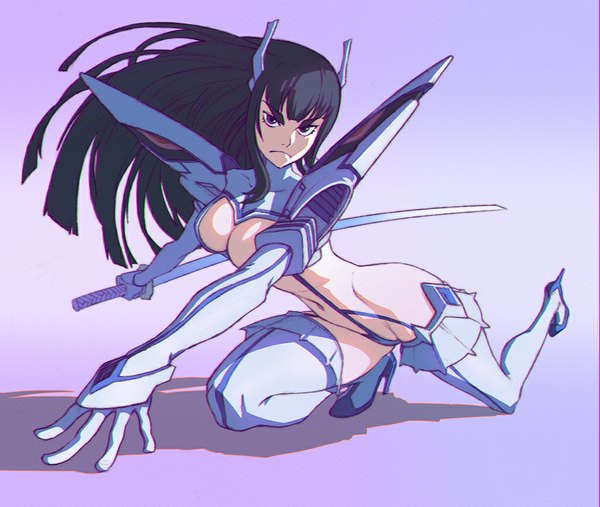 Anime picture 1000x845 with kill la kill studio trigger kiryuuin satsuki ilya kuvshinov single long hair looking at viewer fringe breasts light erotic black hair holding full body black eyes high heels legs fighting stance girl weapon sword