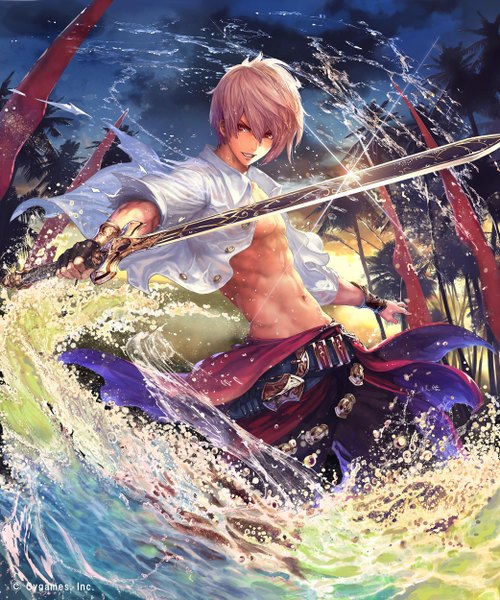 Anime picture 2084x2500 with shingeki no bahamut tachikawa mushimaro (bimo) single tall image highres short hair brown hair brown eyes looking away sky open clothes midriff open shirt wet clothes muscle abs wet shirt boy gloves navel