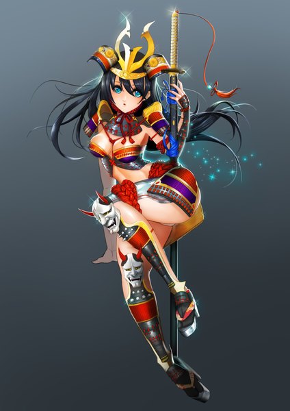 Anime picture 3000x4244 with silvester single long hair tall image blush highres blue eyes light erotic black hair simple background looking away grey background samurai girl underwear panties weapon sword helmet