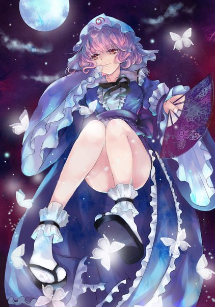Anime picture 2425x3445 with touhou saigyouji yuyuko keikaj tall image highres short hair breasts light erotic smile purple eyes holding purple hair traditional clothes fingernails night legs wavy hair glow knees touching weightlessness