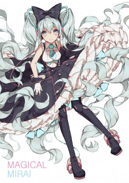 Anime picture 763x1080 with vocaloid magical mirai (vocaloid) hatsune miku magical mirai miku magical mirai miku (2016) yasiromann single tall image looking at viewer fringe simple background smile hair between eyes white background twintails full body very long hair aqua hair grey eyes sleeveless