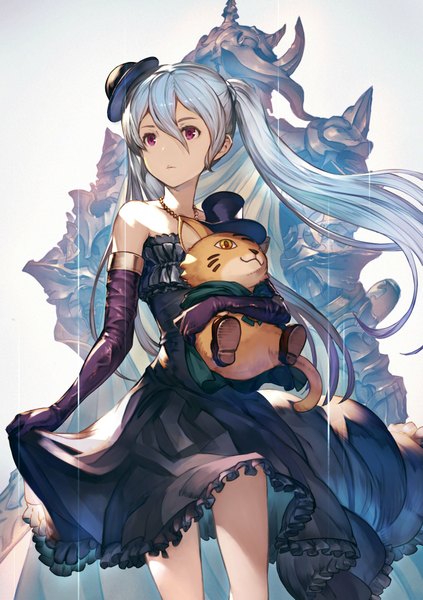 Anime picture 1446x2052 with granblue fantasy orchis minaba hideo long hair tall image fringe simple background standing white background twintails bare shoulders holding yellow eyes blue hair looking away white hair pink eyes multicolored hair grey background sleeveless