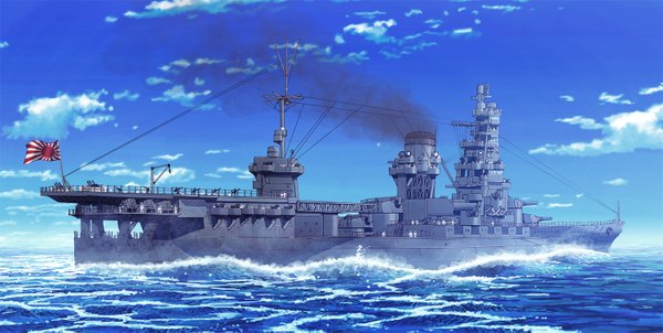 Anime picture 1500x757 with original earasensha wide image sky cloud (clouds) military weapon sea flag watercraft ship