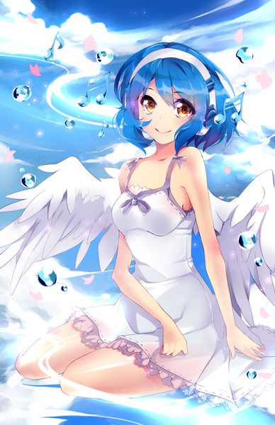 Anime picture 776x1200 with original phyrnna (squadra) squchan single tall image looking at viewer blush fringe short hair smile bare shoulders yellow eyes blue hair sky cloud (clouds) bent knee (knees) bare legs angel wings white wings girl