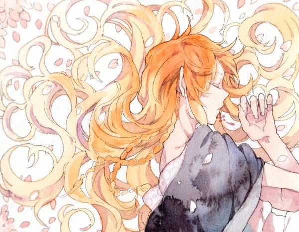 Anime picture 1280x994 with magi the labyrinth of magic a-1 pictures titus alexius sonomura single lying braid (braids) eyes closed very long hair profile orange hair sleeping boy petals