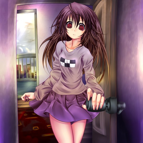 Anime picture 1600x1600 with yume nikki madotsuki monikano single long hair black hair red eyes girl skirt miniskirt door