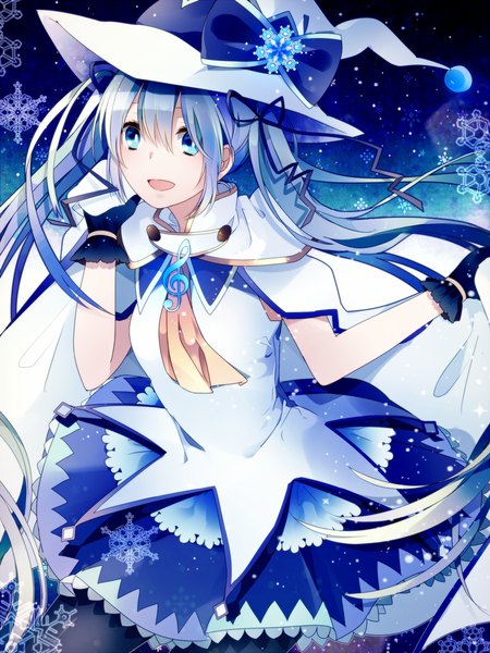 Anime picture 1000x1333 with vocaloid suki! yuki! maji magic (vocaloid) hatsune miku yuki miku yuki miku (2014) single long hair tall image looking at viewer fringe open mouth blue eyes hair between eyes twintails aqua hair happy snowing treble clef girl dress