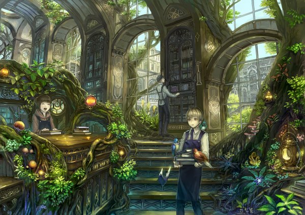 Anime picture 1350x955 with original munashichi short hair open mouth blonde hair brown hair indoors eyes closed multiple boys happy carrying girl boy flower (flowers) plant (plants) animal tree (trees) glasses window bird (birds)