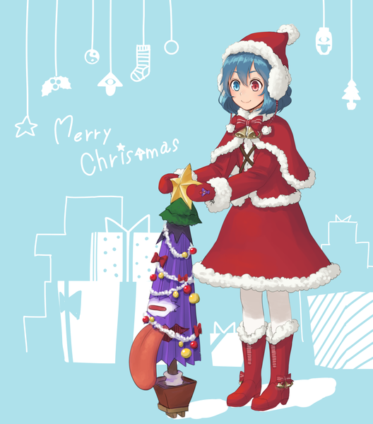 Anime picture 1100x1250 with touhou tatara kogasa kitano (kitanosnowwhite) single tall image short hair blue eyes smile red eyes blue hair full body long sleeves fur trim heterochromia christmas blue background merry christmas karakasa obake girl skirt