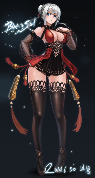 Anime picture 809x1509 with blade & soul mappung-gun (mhg0106) single tall image looking at viewer short hair breasts blue eyes light erotic large breasts white hair pantyshot dark background girl thighhighs dress underwear panties black thighhighs detached sleeves