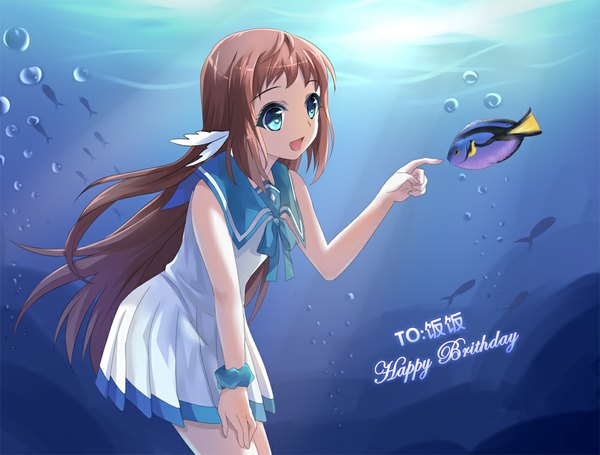 Anime picture 1000x759 with nagi no asukara p.a. works mukaido manaka w rong single long hair open mouth blue eyes brown hair underwater girl uniform school uniform bubble (bubbles) fish (fishes)