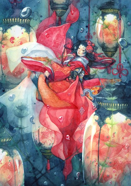 Anime picture 1500x2132 with original shuka (artist) single long hair tall image black hair japanese clothes black eyes underwater traditional media watercolor (medium) girl bow plant (plants) water belt kimono bubble (bubbles)