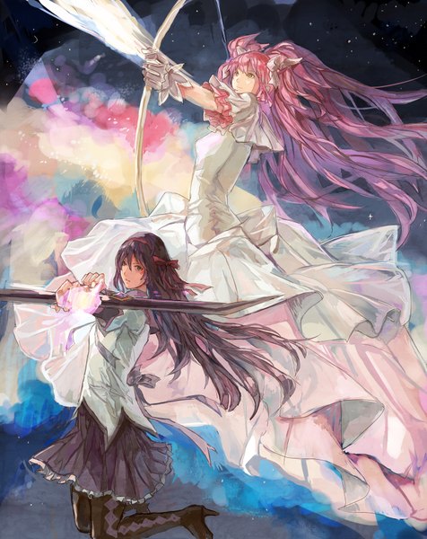 Anime picture 1500x1890 with mahou shoujo madoka magica shaft (studio) akemi homura kaname madoka goddess madoka tanukiudon-umai (artist) long hair tall image purple eyes multiple girls yellow eyes pink hair purple hair girl dress gloves 2 girls hairband star (stars) bow (weapon)