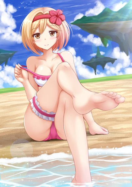 Anime picture 1200x1697 with granblue fantasy gita (granblue fantasy) kazenokaze single tall image looking at viewer blush short hair breasts light erotic blonde hair smile brown eyes sky cloud (clouds) legs girl swimsuit bikini headband