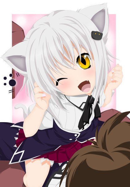 Anime picture 2089x3000 with highschool dxd toujou koneko krloz172 single tall image blush highres short hair open mouth smile brown hair animal ears yellow eyes white hair tail animal tail pleated skirt one eye closed wink cat ears