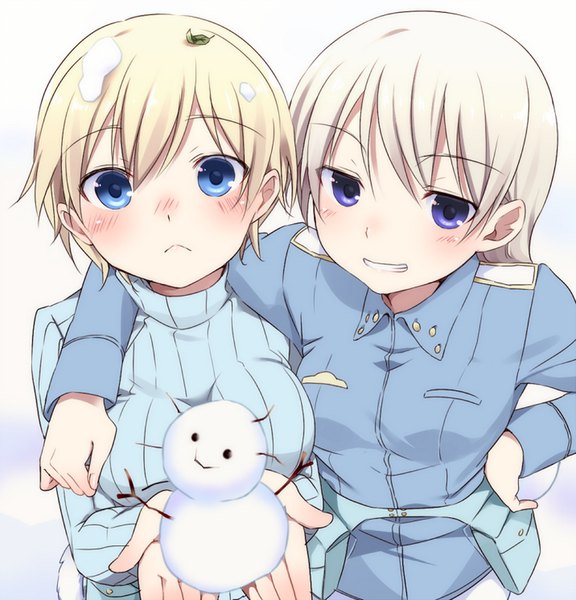 Anime picture 767x800 with strike witches brave witches eila ilmatar juutilainen nikka edvardine katajainen hi-ma long hair tall image looking at viewer blush fringe short hair breasts blue eyes simple background blonde hair smile hair between eyes purple eyes multiple girls holding