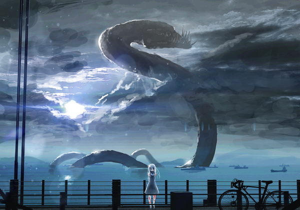 Anime picture 2500x1747 with original oota youjo single long hair looking at viewer highres standing sky silver hair cloud (clouds) full body black eyes fang (fangs) tattoo lens flare hands behind back girl dress water ground vehicle