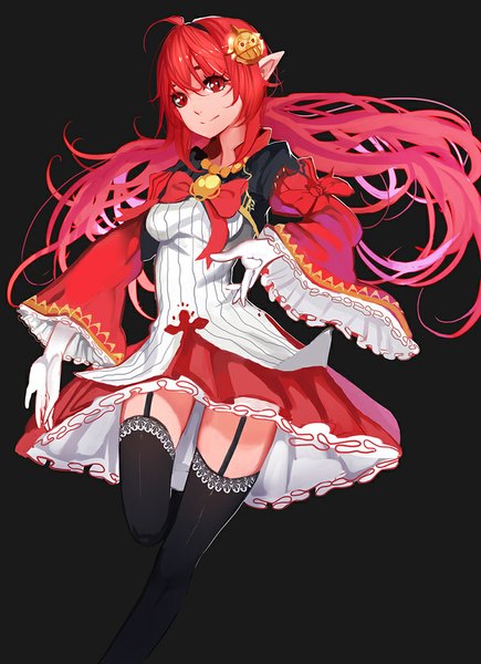 Anime picture 750x1034 with dungeon and fighter xiaoshou xiansheng single long hair tall image looking at viewer fringe simple background smile red eyes bent knee (knees) red hair long sleeves pointy ears wide sleeves black background girl thighhighs dress gloves
