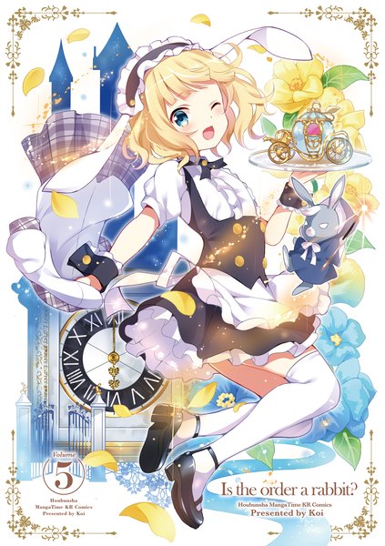 Anime picture 1354x1920 with gochuumon wa usagi desu ka? white fox kirima sharo koi (koisan) single tall image looking at viewer blush short hair open mouth blue eyes blonde hair smile animal ears bent knee (knees) :d one eye closed wink maid bunny ears