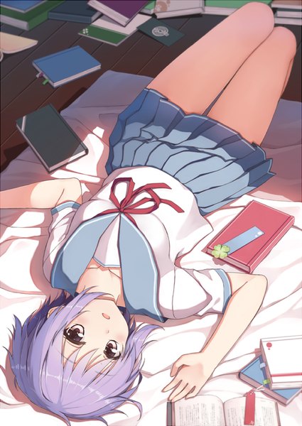 Anime picture 650x918 with suzumiya haruhi no yuutsu nagato yuki-chan no shoushitsu kyoto animation nagato yuki terras single tall image looking at viewer blush short hair brown eyes purple hair lying pleated skirt shadow on back upside down girl skirt uniform