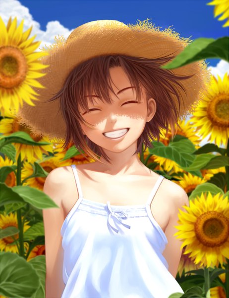Anime picture 925x1200 with idolmaster kikuchi makoto nekopuchi single tall image short hair smile brown hair bare shoulders sky cloud (clouds) eyes closed grin happy hands behind back ^ ^ girl dress flower (flowers) bow
