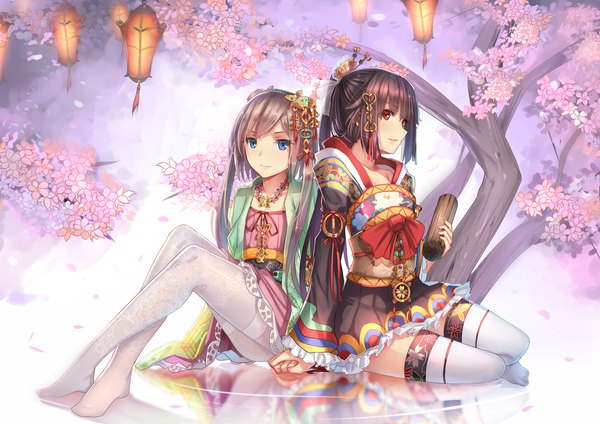 Anime picture 2480x1753 with original musynexsk long hair highres blue eyes red eyes brown hair multiple girls grey hair cherry blossoms girl thighhighs dress hair ornament 2 girls plant (plants) petals white thighhighs tree (trees)