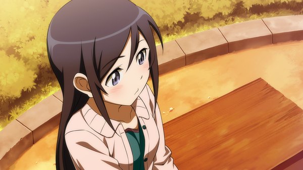 Anime picture 1280x720 with ore no imouto ga konna ni kawaii wake ga nai aragaki ayase single long hair blush black hair wide image sitting looking away game cg grey eyes girl bench