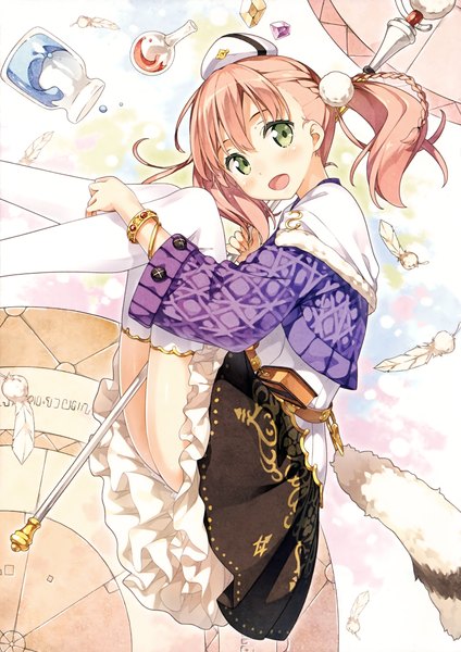 Anime picture 2472x3500 with atelier (series) atelier escha & logy gust (company) escha malier kantoku single long hair tall image looking at viewer blush highres open mouth brown hair twintails green eyes scan girl thighhighs dress white thighhighs