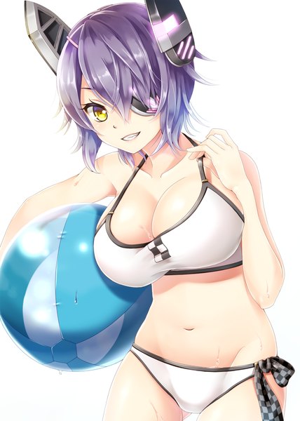 Anime picture 1000x1400 with kantai collection tenryuu light cruiser hakuda tofu single tall image short hair breasts light erotic simple background smile large breasts white background yellow eyes purple hair grin girl navel hair ornament ball
