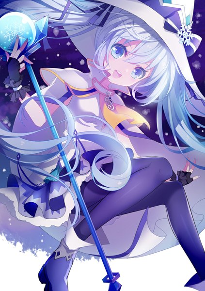 Anime picture 700x993 with vocaloid suki! yuki! maji magic (vocaloid) hatsune miku yuki miku yuki miku (2014) ling (sroin) single tall image looking at viewer open mouth blue eyes twintails blue hair very long hair teeth snowing treble clef girl gloves ribbon (ribbons)