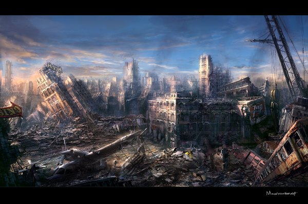 Anime picture 1199x797 with original moonworker1 seung jin woo city cityscape ruins destruction post-apocalyptic aircraft train airplane crane
