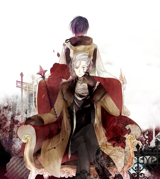 Anime picture 1300x1453 with nico nico singer nico nico douga asamaru (pointfive) jack (pointfive) sincere (artist) tall image short hair red eyes standing sitting silver hair purple hair from behind multiple boys boy gloves 2 boys coat staff armchair
