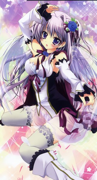 Anime picture 1289x2390 with original izumi tsubasu single long hair tall image blush open mouth purple eyes grey hair scan spread legs girl thighhighs dress hair ornament detached sleeves white thighhighs wings