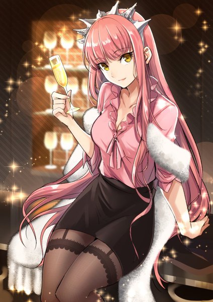 Anime picture 800x1131 with fate (series) fate/grand order medb (fate) shimo (s kaminaka) single long hair tall image looking at viewer fringe smile sitting yellow eyes pink hair indoors very long hair arm support heroic spirit formal dress girl skirt pantyhose