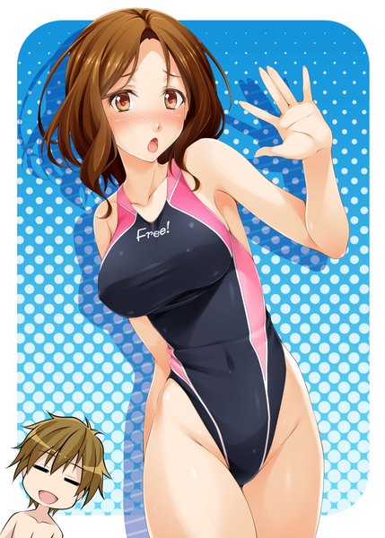Anime picture 1296x1812 with free! kyoto animation mukunokino isshiki tall image looking at viewer blush short hair breasts open mouth light erotic brown hair large breasts brown eyes girl boy swimsuit