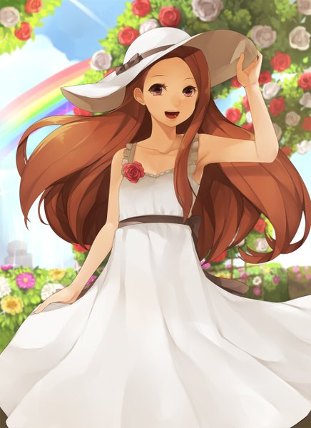 Anime picture 1000x1376 with idolmaster minase iori hitoto long hair tall image open mouth red eyes brown hair girl flower (flowers) hat sundress rainbow