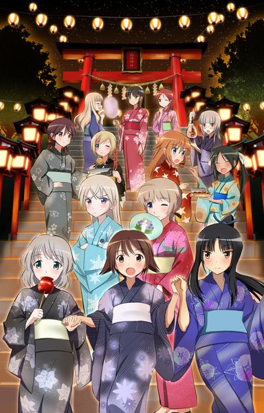 Anime picture 1024x1600 with strike witches miyafuji yoshika sanya v. litvyak erica hartmann eila ilmatar juutilainen francesca lucchini gertrud barkhorn lynette bishop charlotte e yeager sakamoto mio perrine h clostermann minna-dietlinde wilcke heidimarie w schnaufer hattori shizuka kaneko (novram58) long hair tall image blush short hair open mouth