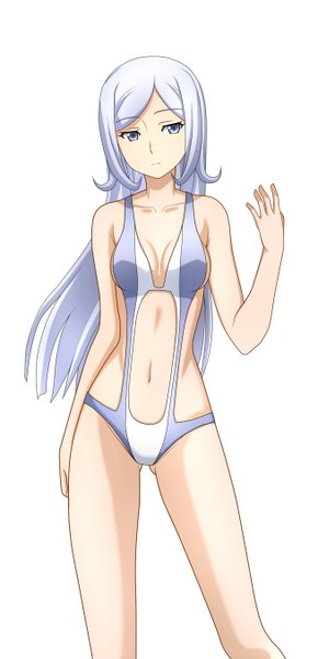 Anime picture 654x1350 with mobile suit gundam gundam build fighters sunrise (studio) aila jyrkiainen kenken single long hair tall image looking at viewer blue eyes light erotic simple background white background white hair girl navel swimsuit